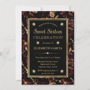 Convites Elegante Rosa Floral Vermelho e Dourado Sweet 16