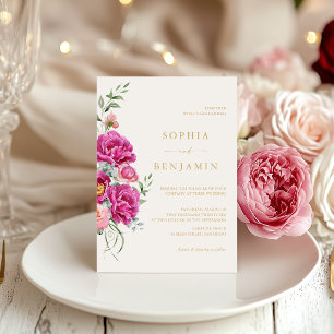 Convites Elegante Rosa Floral Vibrante Casamento Dourado