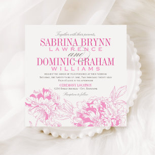 Convites Elegante Rosa Fuchsia e Cinza Floral de Peônia Cas