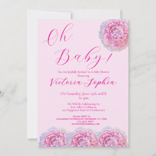 Convites Elegante Rosa Oh Menina Bebê Script Peônia Chuvada
