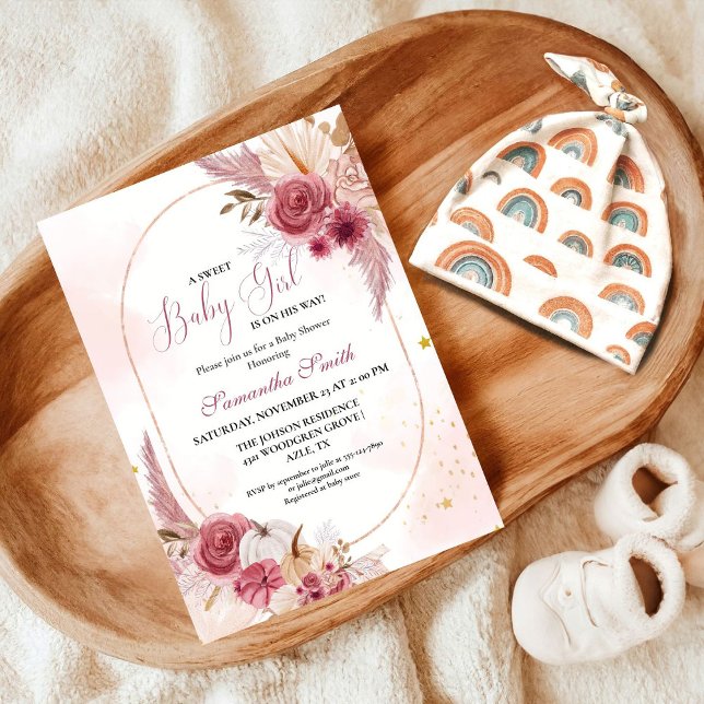 Convites Elegante Rosa Pequeno Pumpkin Doce Chá de fraldas (Criador carregado)