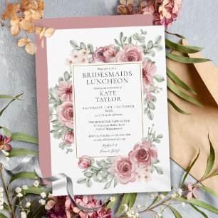 Convites Elegante Rosa Poeirento Floral Almoço de Damas de 