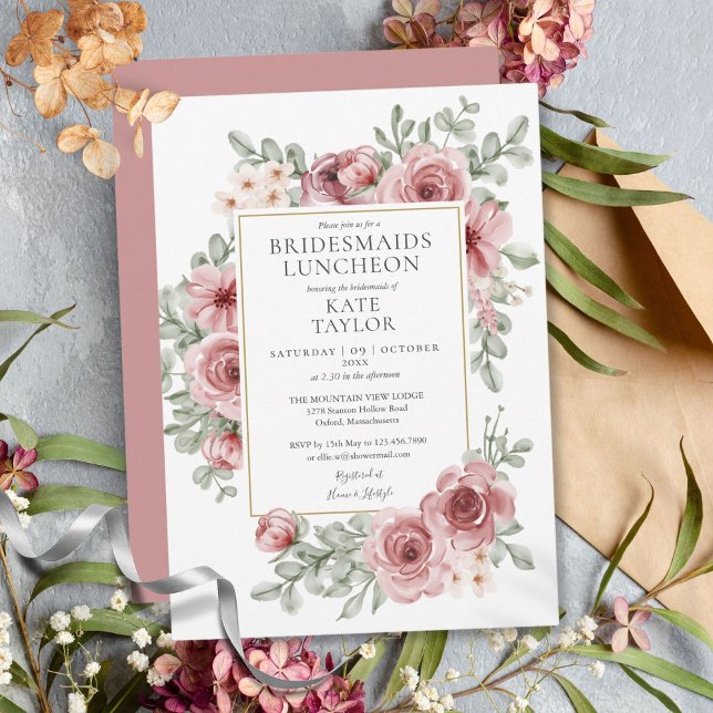 Convites Elegante Rosa Poeirento Floral Almoço de Damas de  (Elegant Dusty Rose Floral Bridesmaids Luncheon Invitation)