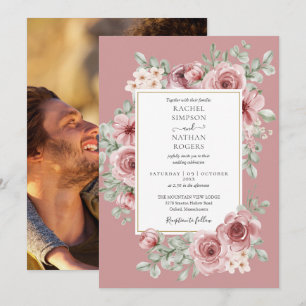 Convites Elegante Rosa Poeirento Floral Dourado Foto de Cas