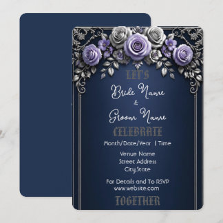 Convites Elegante Rosa Prata Azul Meia-Noite