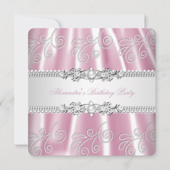 Convites Elegante Rosa Prata Renda Diamante Sobreposição Fe (Frente)