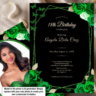 Convites Elegante Rosa Preta e Verde Debut de 18 Anos