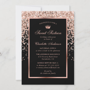 Convites Elegante Rosa preto Dourado doce 16 aniversário