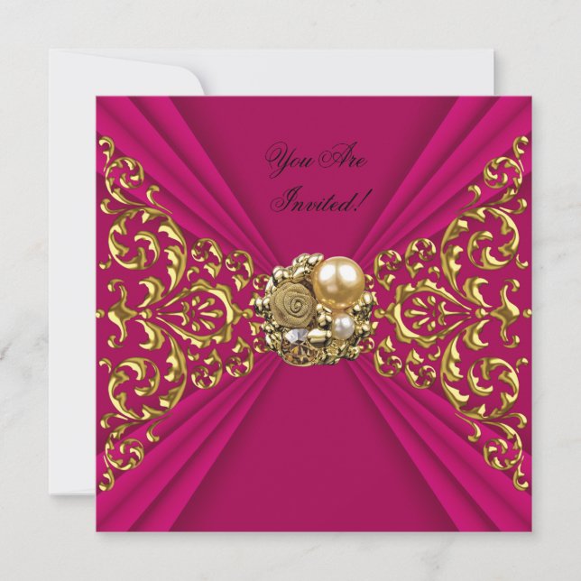 Convites Elegante Rosa Profundo Vermelho Dourado Para Todas (Frente)
