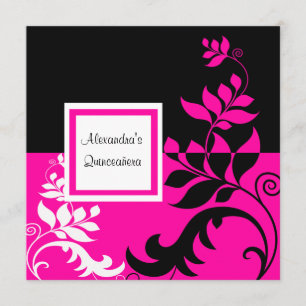 Convites Elegante Rosa Quente e Vinha Preta Quinceanera
