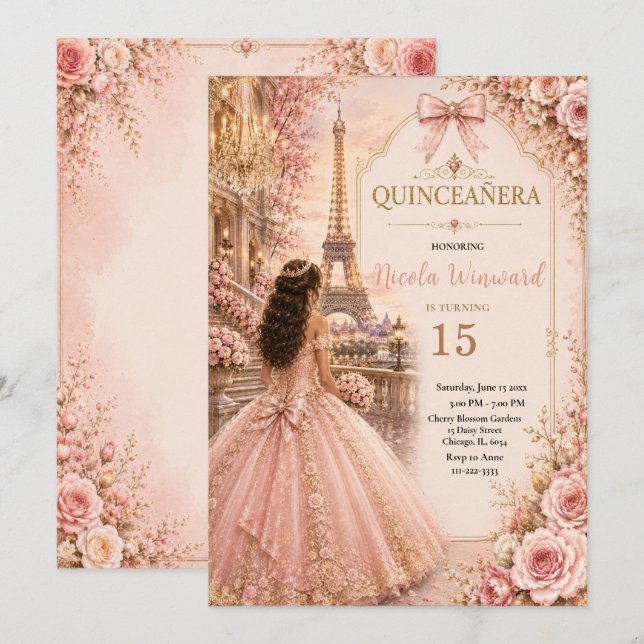 Convites Elegante Rosa Quince (Frente/Verso)