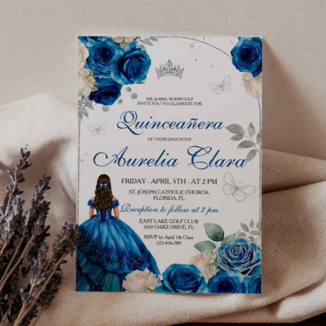 Convites Elegante Rosa Real Azul-Chic Dourado Quinceanera (Criador carregado)