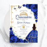 Convites Elegante Rosa Real Azul-Chic Dourado Quinceanera<br><div class="desc">Convite para comemoração da Quinceanera Real Azul, Ouro e Branco. Possui uma morena em vestidos de capa de bola, fonte de script, borboletas douradas, rosas azuis de marinho e tiara. Perfeito para uma elegante celebração de glam estilo princesa. Personalize com seus próprios detalhes. Impressos convites Zazzle ou modelo de impressão...</div>