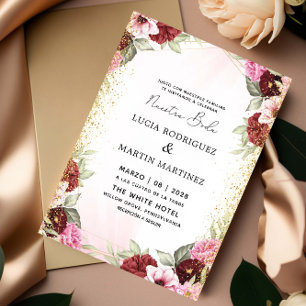 Convites Elegante rosa, Red Floral Dourada, Boda