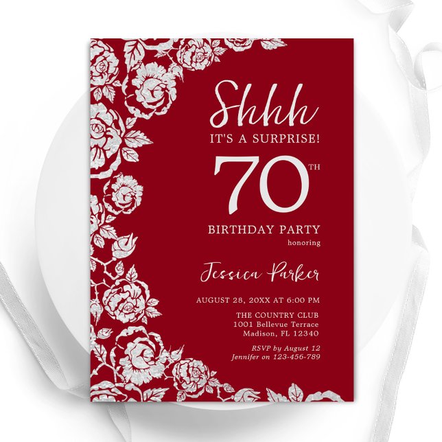 Convites Elegante Rosa Red Silver Surprise 70 Birthday (Criador carregado)