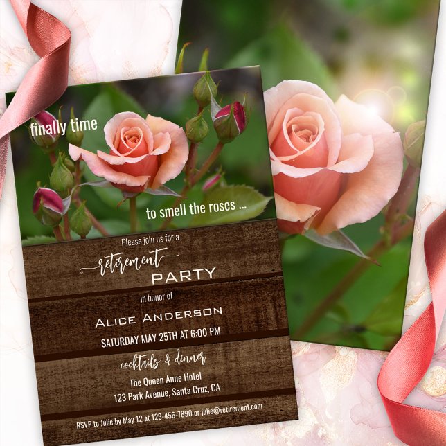 Convites Elegante Rosa Relax Garden Retirement Party (Retirement party invitation featuring a peach colored rose on rustic dark wood - garden - flowers)