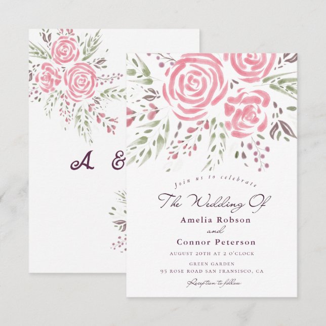 Convites Elegante Rosa Romance Watercolor (Frente/Verso)