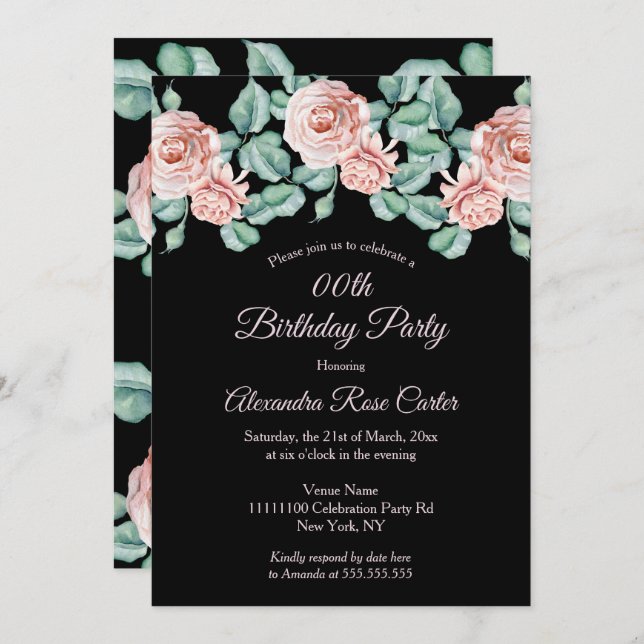 Convites Elegante rosa rosa-rosa Festa de aniversário flora (Frente/Verso)