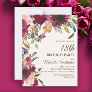 Convites Elegante Rosa Roxo Dourado Floral 18º Aniversário