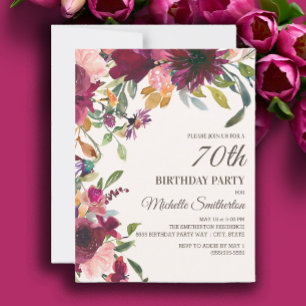 Convites Elegante Rosa Roxo Dourado Floral 70º Aniversário
