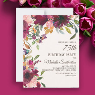 Convites Elegante Rosa Roxo Dourado Floral 75º Aniversário