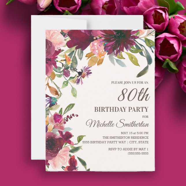 Convites Elegante Rosa Roxo Dourado Floral 80º Aniversário (Burgundy and pink watercolor floral 80th birthday party invitation)