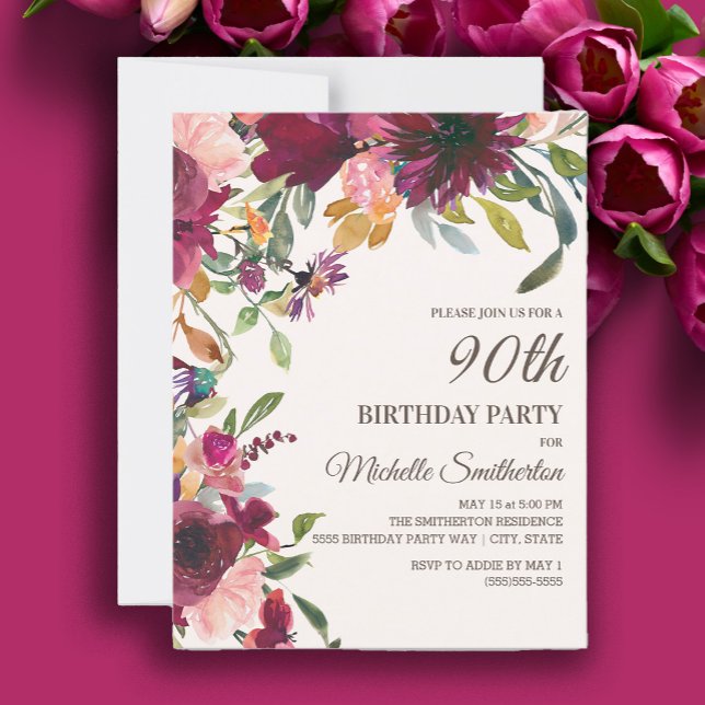 Convites Elegante Rosa Roxo Dourado Floral 90º Aniversário (Burgundy and pink watercolor floral 90th birthday party invitation)