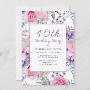 Convites Elegante Rosa Roxo Floral 40º Aniversário