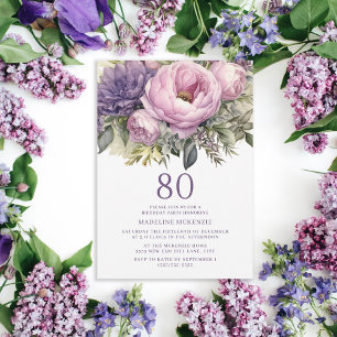 Convites Elegante Rosa Roxo Floral 80º Aniversário