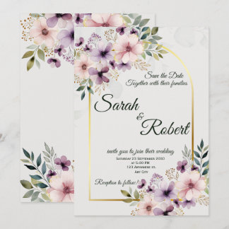 Convites Elegante Rosa Roxo Floral Casamento Salve A Data