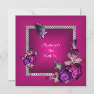 Convites Elegante Rosa Roxo Jóias Flores 21º Aniversário