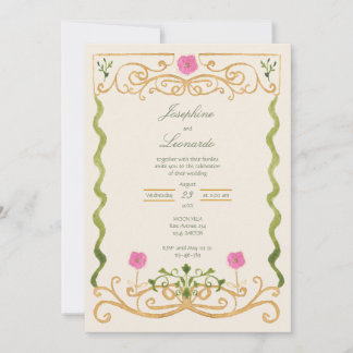Convites Elegante Rosa Verde e Dourado Aquarela Desenhada à