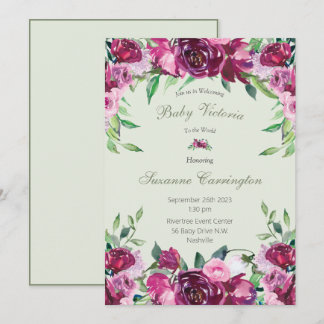 Convites Elegante Rosa Verde Floral Bebê Escuro