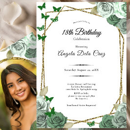 Convites Elegante Rosa Verde Sálvia Dourada Debut de 18 Ano