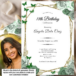 Convites Elegante Rosa Verde Sálvia Dourada Debut de 18 Ano