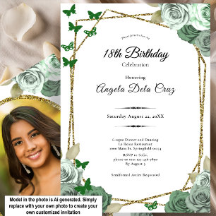 Convites Elegante Rosa Verde Sálvia Dourada Debut de 18 Ano