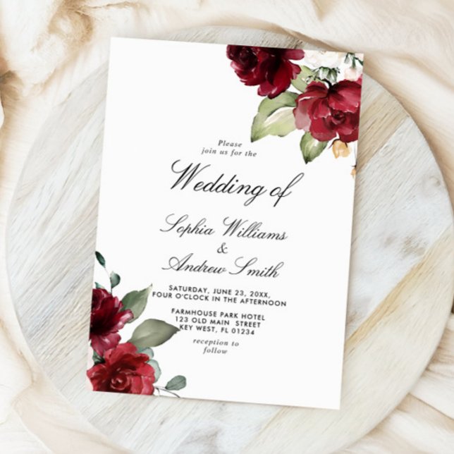 Convites Elegante Rosa Vermelha Borgonha Casamento Rústico  (Criador carregado)