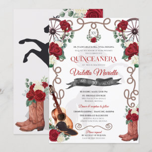 Convites Elegante Rosa vermelha Rustic Mariachi Charro Quin