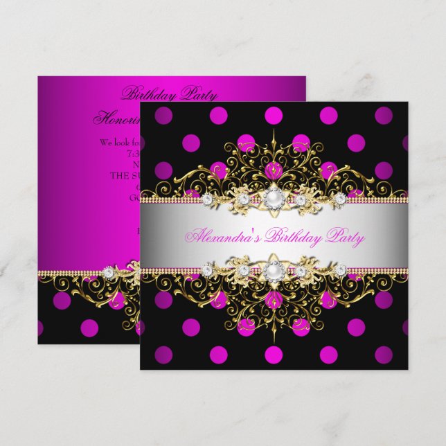 Convites Elegante Rosa Vibrante Dourado Branco Preto Bolinh (Frente/Verso)