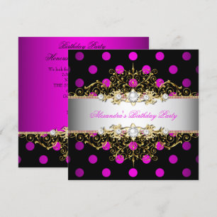 Convites Elegante Rosa Vibrante Dourado Branco Preto Bolinh