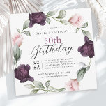Convites Elegante Rosas de Aquarela Floral 50º Aniversário<br><div class="desc">Um convite de aniversário macio e luxuoso do 50º, em que o ponto focal é uma coroa de delicadas rosas de aquarelas pintadas em pincéis de pincel macio e roxas ricas de ameixa entrelaçadas com espinhas sabiosas. Esses elementos florais enquadram seu texto com um toque romântico e elegante. Usando uma...</div>