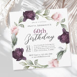 Convites Elegante Rosas de Aquarela Floral 60º Aniversário<br><div class="desc">Um 60º convite de aniversário suave e luxuoso onde o ponto focal é uma coroa de delicados rosas de aquarela pintados em pincéis de pincel macio e roxas ricas de ameixa entrelaçadas com pintas de verde-pavor. Esses elementos florais enquadram seu texto com um toque romântico e elegante. Usando uma mistura...</div>