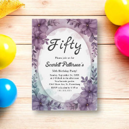 Convites Elegante Rosas roxas românticas Floral 50º Anivers