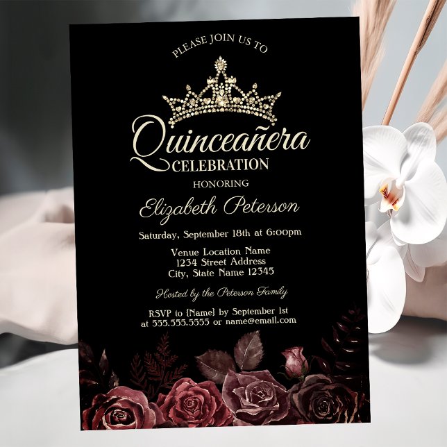 Convites Elegante Rosas Vermelhas Quinceañera Gótica  (Criador carregado)