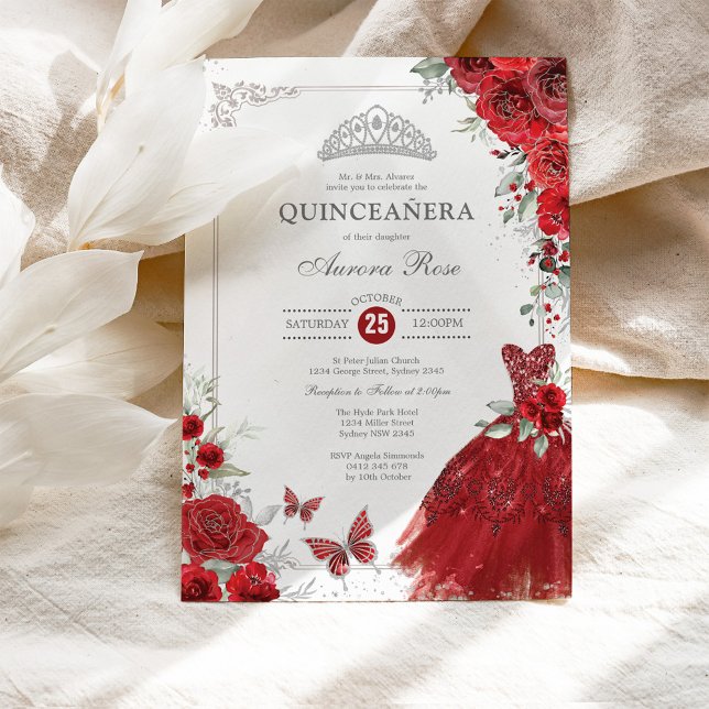 Convites Elegante Rosas vermelhas Silver Quinceañera Prince (Criador carregado)