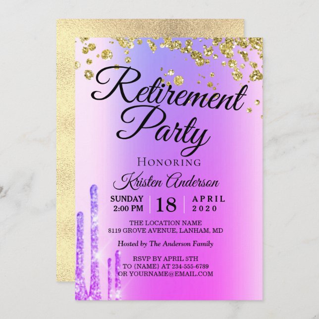 Convites Elegante Rosy Sparkly Glitter Retirement Party Inv (Frente/Verso)