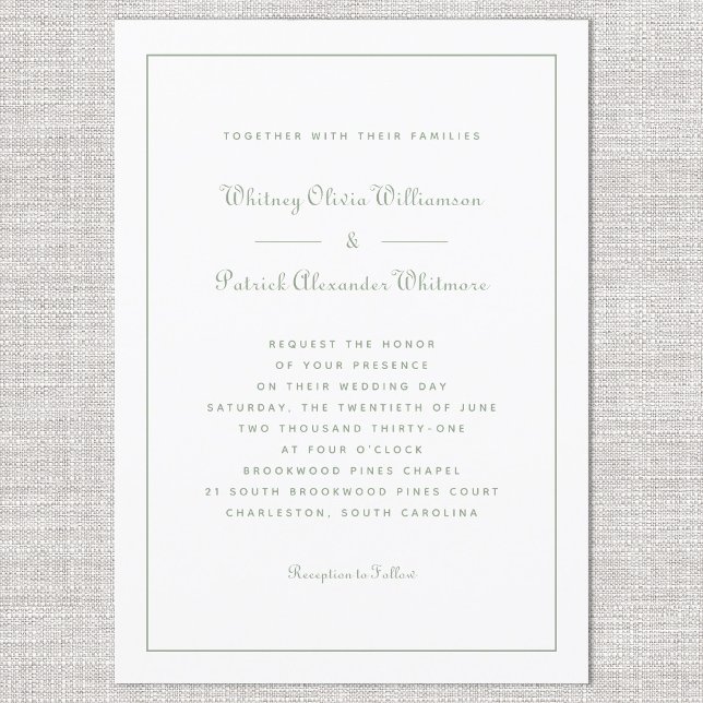Convites Elegante Roteiro Casamentos Formais Clássicos Bran (Elegant Script Classic Formal Weddings White Green Invitation)