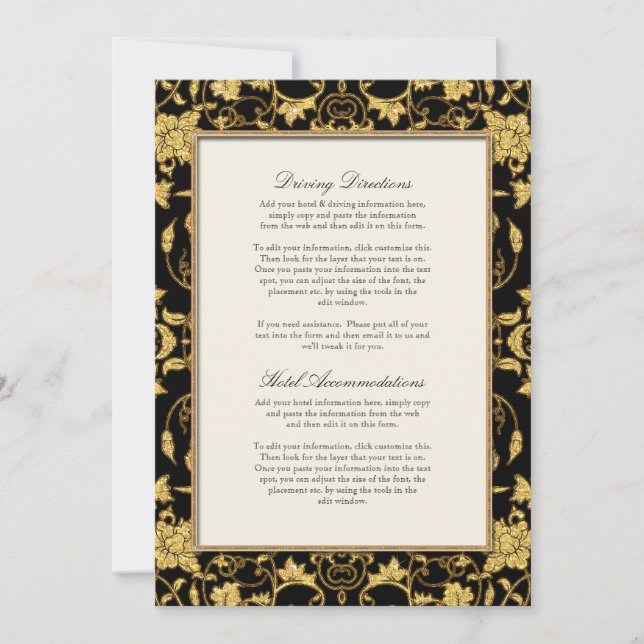 Convites Elegante Roteiro Preto Dourado Glitter Damask Casa (Frente)