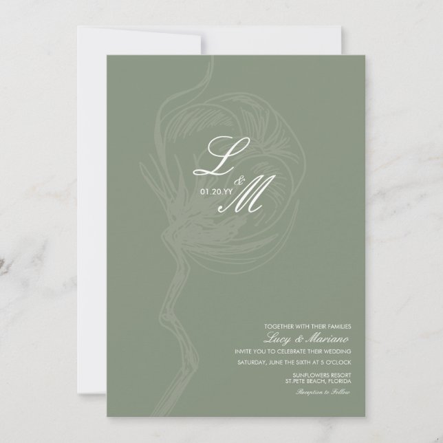Convites Elegante Rótulo de Algodão com Flor Monogramada Ca (Frente)