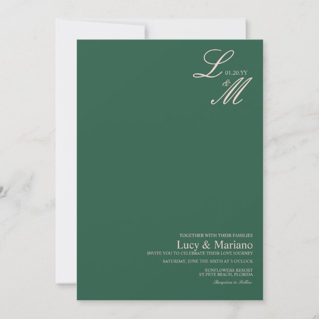 Convites Elegante Rótulo Monogramado Verde Bege Casamento  (Frente)